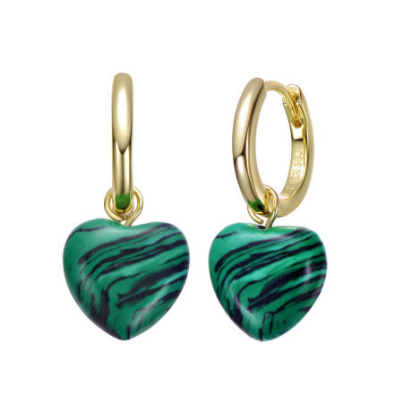 Genevive Sterling Silver 14k Gold Plated Simulated Malachite Puffed Heart Dangle Earrings