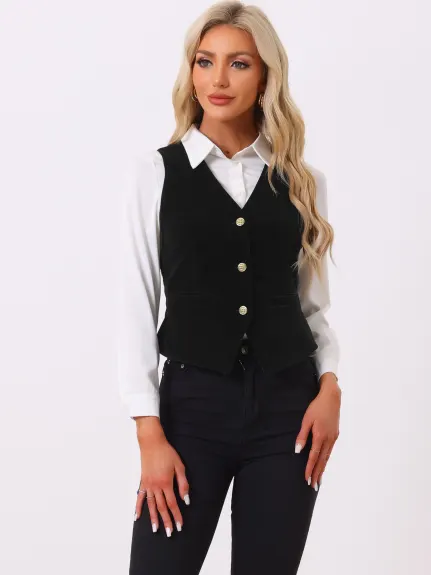 Allegra K- Waistcoat Steampunk Velvet Button Down V-Neck Suit Vest