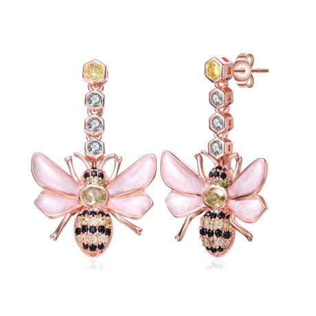 Genevive Sterling Silver 18K Rose Plated with Colored Cubic Zirconia Dangling Bee Earrings