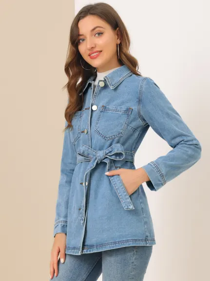 Allegra K- Veste en jean à manches raglan et ceinture à nouer à la taille