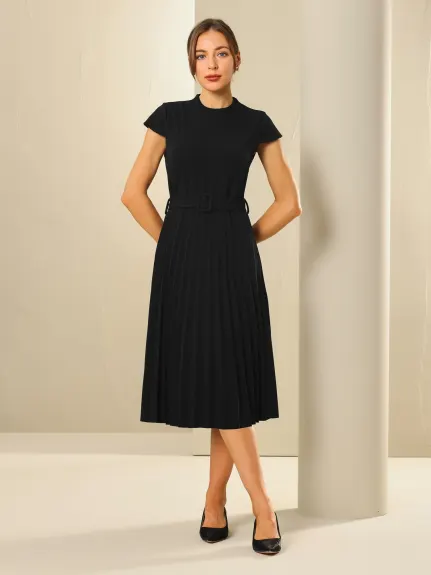 Hobemty- Mock Neck Belted A-Line Pleated Dress