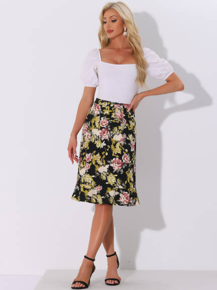 Allegra K- Floral Ruffle A-Line Split Midi Skirt