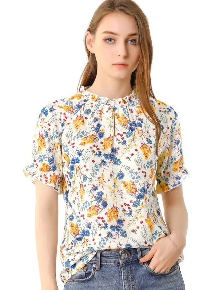 Allegra K- Blouse florale à manches courtes et col à volants