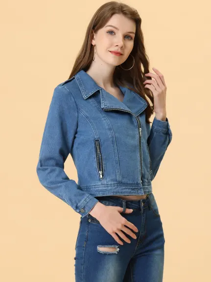 Allegra K- Notched Lapel Asymmetric Zip Moto Denim Jacket