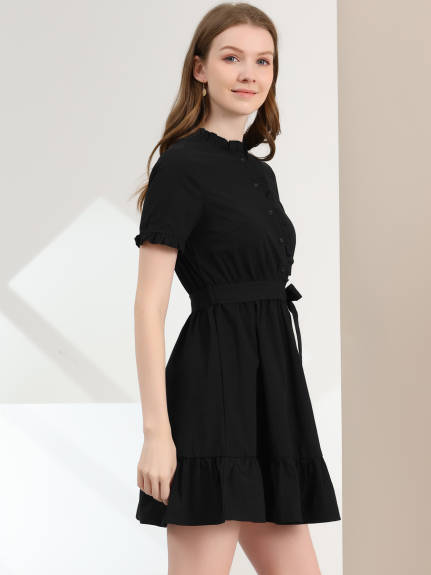 Allegra K- Cotton Fit and Flare Belted Button Front Ruffled Dress