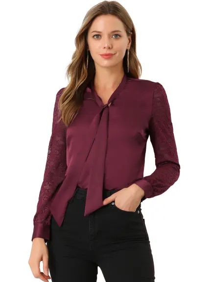 Allegra K- Tie Neck Button Lace Sleeve Satin Blouse Shirt