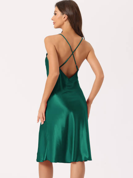 cheibear - Satin Backless Slit Midi Nightgown