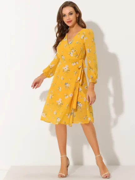 Allegra K- Floral V Neck Tie Waist Bishop Sleeve Wrap Midi Dress