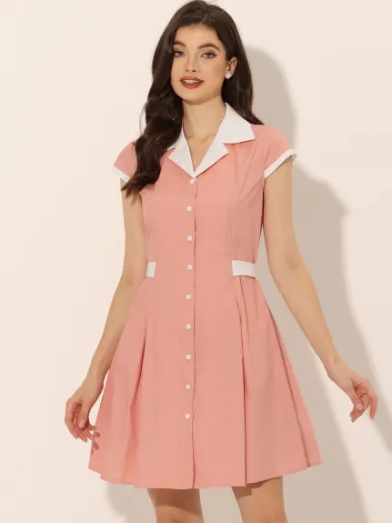 Allegra K- Button Down Flat Collar Belted Mini Shirt Dress