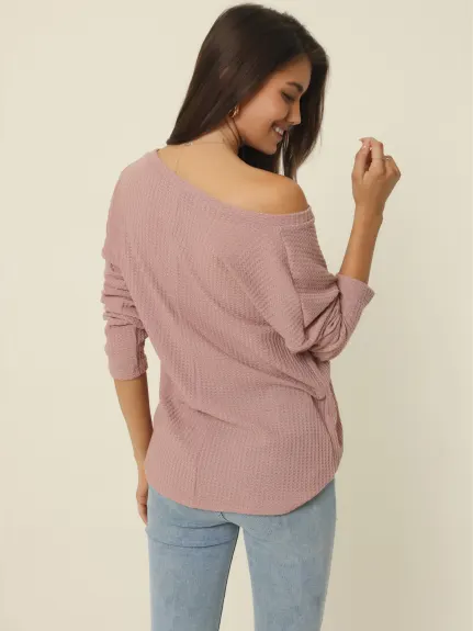 Allegra K- V Neck Waffle Knit Long Sleeve Slim Fit Top