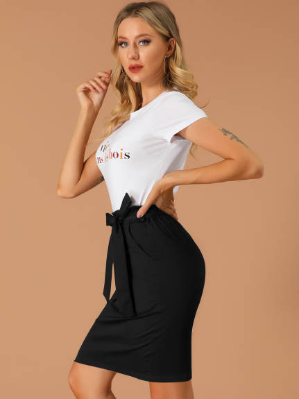 Allegra K- Elastic Waist Side Pockets Cotton Pencil Skirt