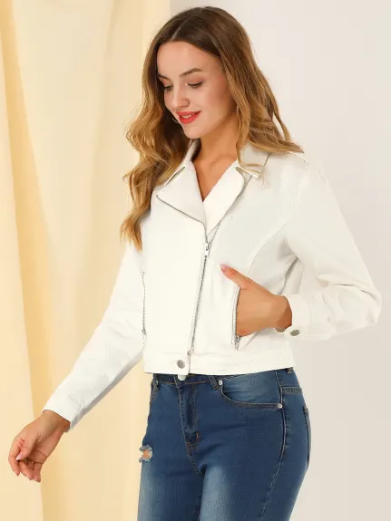 Allegra K- Veste en jean moto asymétrique à revers cranté et fermeture éclair