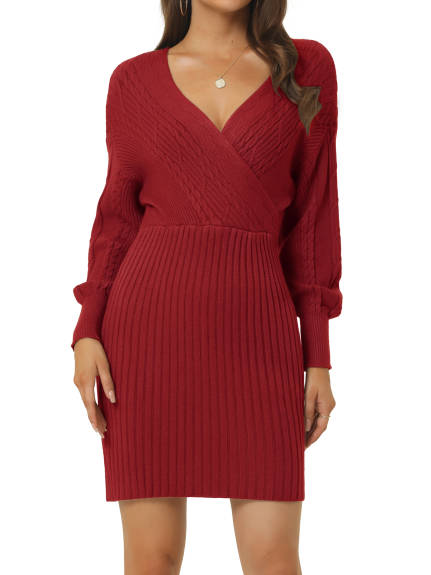 Allegra K- Deep V Neck Wrap Lantern Sleeve Slim Fit Mini Sweater Dress