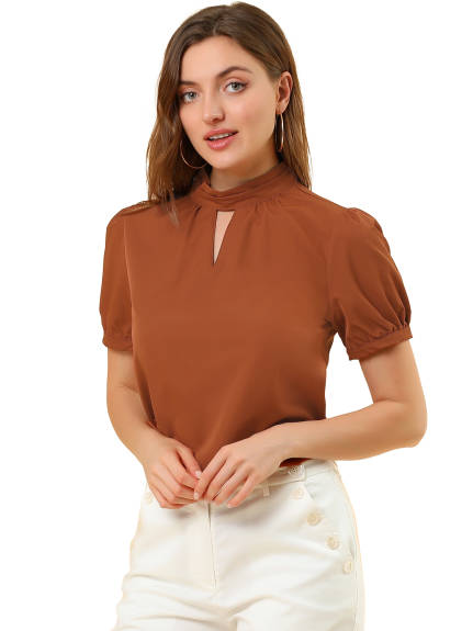 Allegra K- Keyhole Short Puff Sleeve Mock Neck Blouse