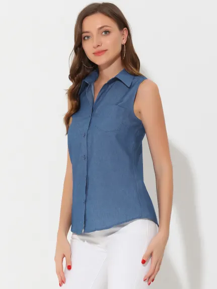 Allegra K- Denim Lapel V Neck Chambray Tunic Top