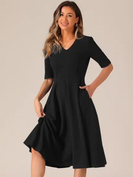 Allegra K - 1950s Vintage V-Neck Half Sleeve Swing Dress