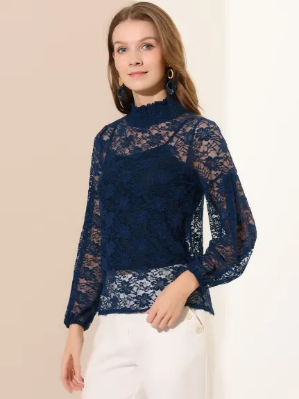 Allegra K- Blouse transparente en dentelle florale à col montant et volants