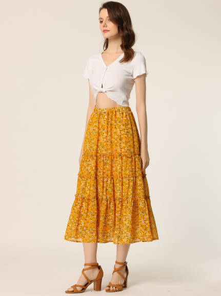 Allegra K- Floral Tiered A-Line Long Chiffon Skirt