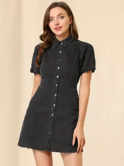 Allegra K- Puff Short Sleeve Button Denim Shirt Dress