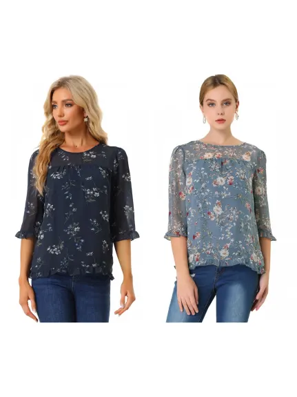 Allegra K- Blouse florale en mousseline à manches 3/4 et à volants