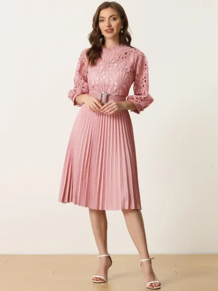 Allegra K- 3/4 Sleeves Belted Pleated Lace Dress