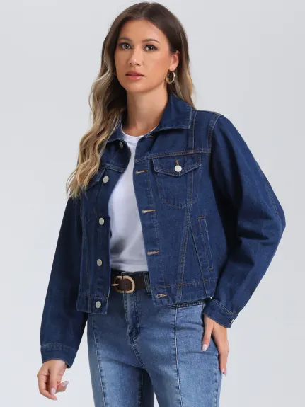 Allegra K - Vintage Collar Long Sleeve Jean Jacket