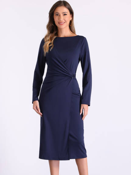 Allegra K - Long Sleeve Wrap Ruched Church Dress