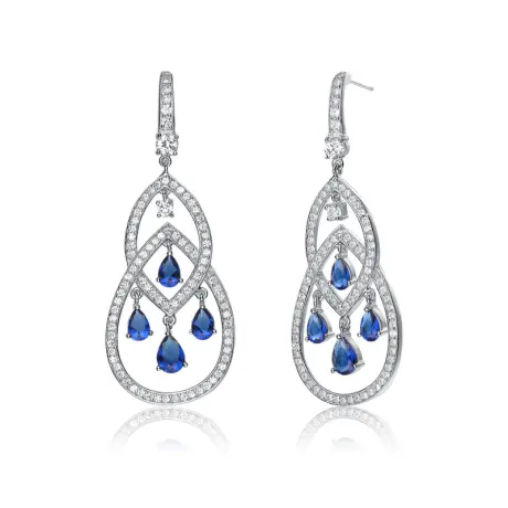 Genevive Sterling Silver with Colored Cubic Zirconia Double Teardrop Chandelier Earrings