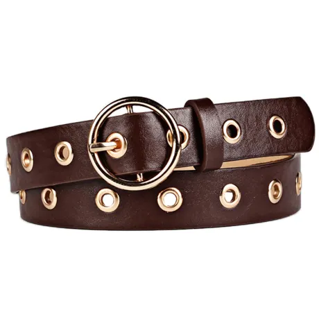 Allegra K- Studded Grommet Circle Metal Buckle Leather Belt