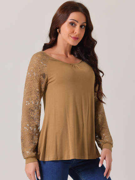 Allegra K - Lace Long Sleeve Crewneck Fall Blouse