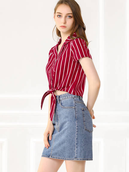 Allegra K- Striped Short Sleeve Tie Front Crop Shirt