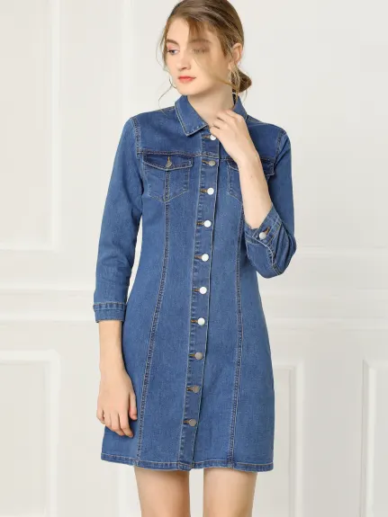 Allegra K- Robe chemise slim en jean à manches 3/4