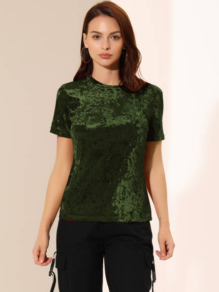 Allegra K- Velvet Top Crew Neck Short Sleeve T-Shirt