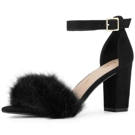 Allegra K- Faux Fur Strap Block Heels Sandals