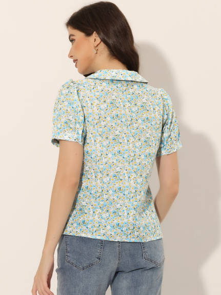 Allegra K- Puff Sleeve Turndown Collar Floral Blouse