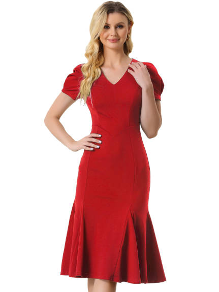 Allegra K- V-Neck Puff Sleeve Elegant Mermaid Midi Dress