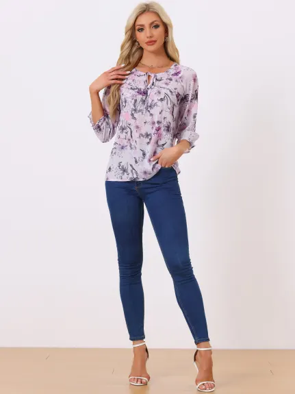 Allegra K- Tie V Neck Ruffled 3/4 Sleeve Floral Blouse