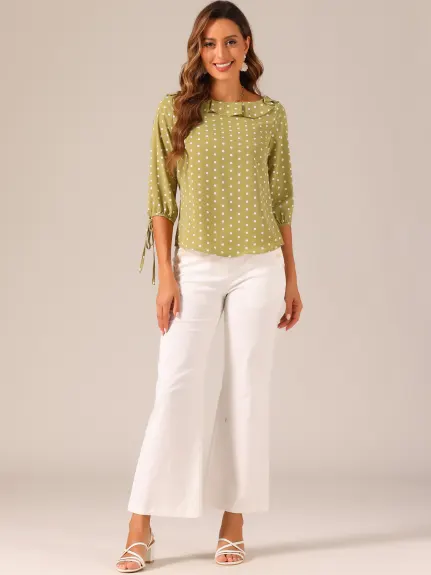 Allegra K- Ruffled Neck Half Sleeve Sheer Polka Dots Blouse