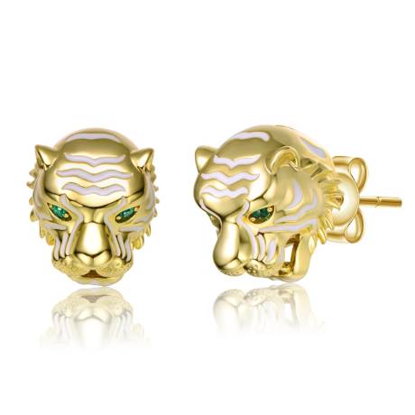 Rachel Glauber 14k Yellow Gold Plated with Emerald Cubic Zirconia White Enamel Roaring Tiger Head 3D Stud Earrings