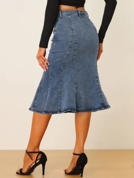 Allegra K- Fishtail Hem Bodycon Denim Midi Skirt