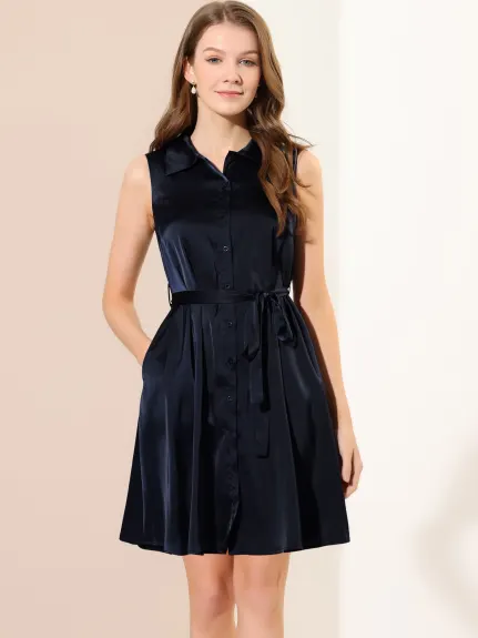 Allegra K- Sleeveless Solid Belted Satin Shirt Dress