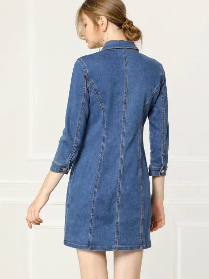 Allegra K- Robe chemise slim en jean à manches 3/4