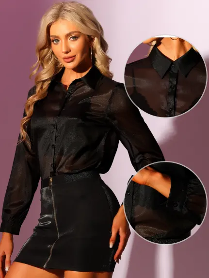 Allegra K- chemise bouton Up voir à travers maille