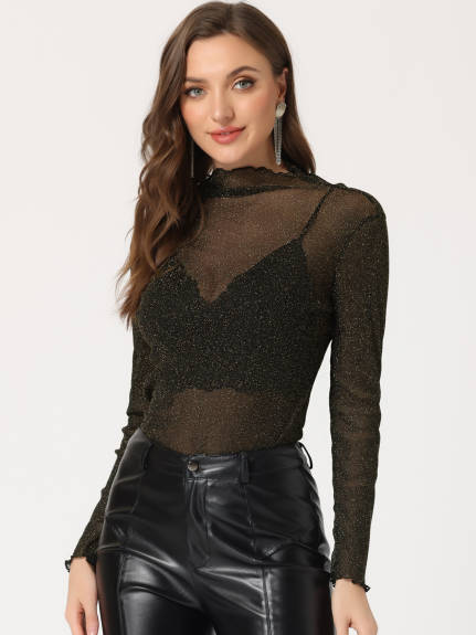 Allegra K- Glitter Mesh Sheer Mock Neck Top