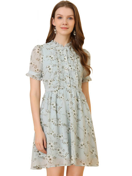 Allegra K- Floral Half Placket Chiffon Dress