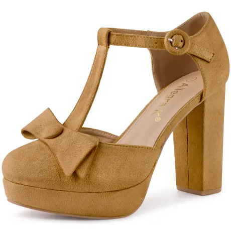 Allegra K - Round Toe Block Heel T Strap Pump