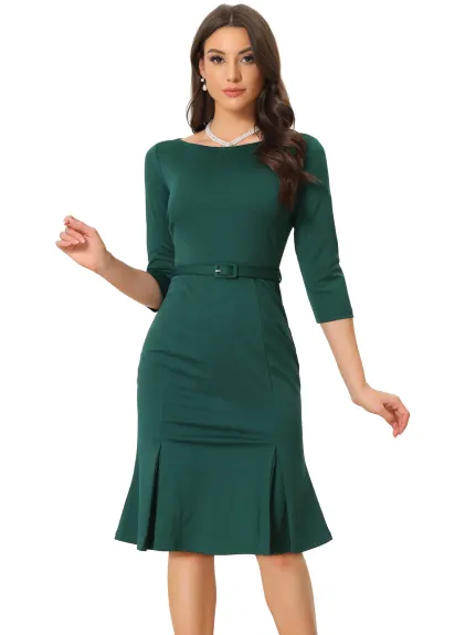 Allegra K- Elegant Boat Neck Half Sleeve Pleated Midi Dress