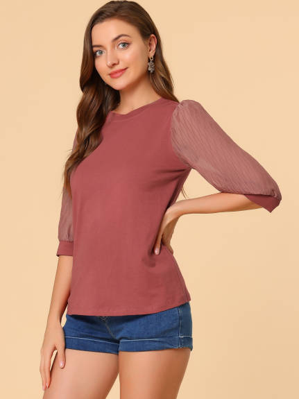 Allegra K- Contrast Panel Sheer 3/4 Sleeve Blouse