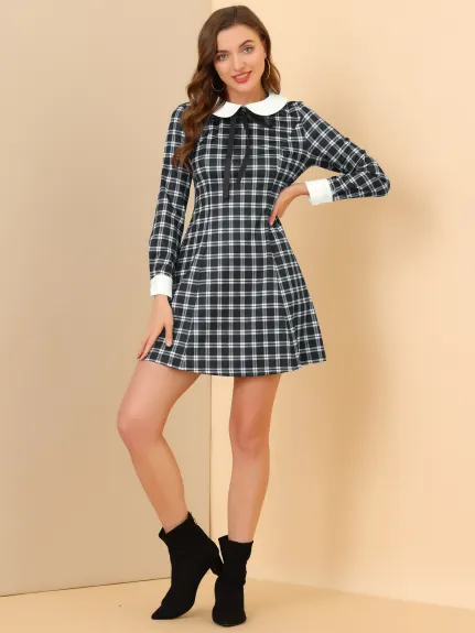 Allegra K- Contrast Peter Pan Collar Long Sleeve A-Line Plaid Dress