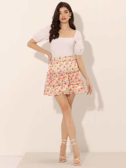 Allegra K- Layered Ruffle Elastic Waist Floral Mini Skirt